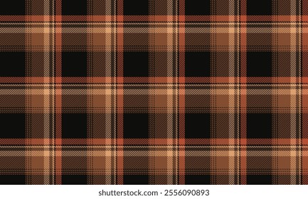 Plaid fabric pattern, black, brown, orange, cream, seamless for textiles, and for designing clothes, skirts, pants or decorative fabrics. Vector illustration.