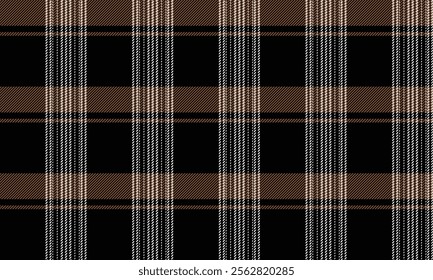 Plaid fabric pattern, black, brown, white, seamless for textiles, and for designing clothes, skirts, pants or decorative fabrics. Vector illustration.