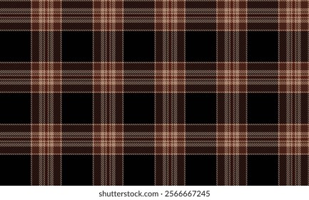 Plaid fabric pattern, black, brown, cream, fascinating lattice cross lines, seamless for textiles, and for designing clothes, skirts, pants or decorative fabrics. Vector illustration.