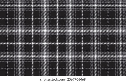 Plaid fabric pattern, black, gray, white, modern lattice cross lines seamless for textiles, and for designing clothes, skirts or decorative fabrics. Vector illustration.