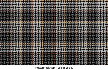 Plaid fabric pattern, black, gray, yellow, brown, modern lattice cross lines seamless for textiles, and for designing clothes, skirts or decorative fabrics. Vector illustration.