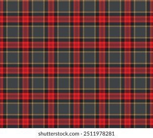 Patrón de tela a cuadros, negro, rojo, amarillo, sin costuras para la ropa textil y de diseño falda pantalones delantal manta o decoración. Ilustración vectorial.