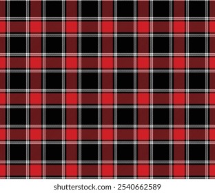 Plaid fabric pattern, black, red, white, modern seamless elegant cross lines for textiles, and for designing clothes, skirts or decorative fabrics. Vector illustration.