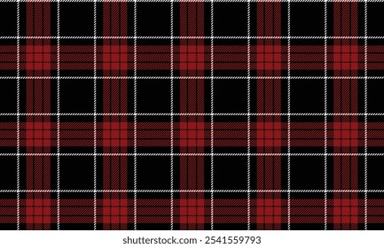 Plaid fabric pattern, black, red, white, striking cross lines, seamless for textiles, and for designing clothes, skirts or decorative fabrics. Vector illustration.