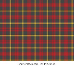 Muster aus Plaid-Stoff, schwarz, rot, gelb, nahtlos für Textilien und zum Gestalten von Kleidung, Röcken, Hosen oder dekorativen Stoffen. Vektorgrafik.