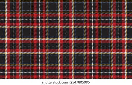 Patrón de tela a cuadros, negro, rojo, blanco, amarillo, azul, excelente elegante sin costuras para textiles, y para el diseño de ropa, faldas, pantalones o telas decorativas. Ilustración vectorial.