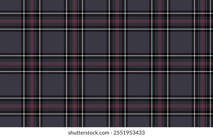 Plaid fabric pattern, black, red, white, elegant cross lines, seamless for textiles, and for designing clothes, skirts or decorative fabrics. Vector illustration.