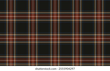 Plaid fabric pattern, black, red, white, yellow, fashionable seamless for textiles, and for designing clothes, skirts, pants or decorative fabrics. Vector illustration.