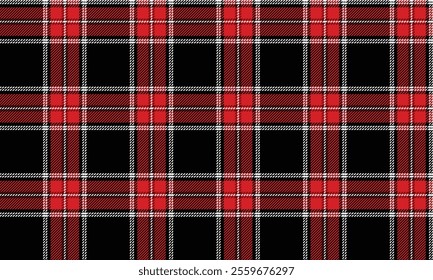 Plaid fabric pattern, black, red, white, beautiful distinctive cross lines, seamless for textiles, and for designing clothes, skirts, pants or decorative fabrics. Vector illustration.