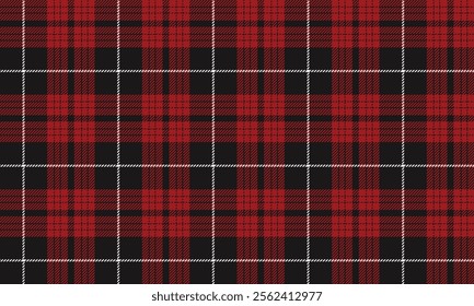 Plaid fabric pattern, black, red, white, distinctive cross lines, seamless for textiles, and for designing clothes, skirts, casual wear, or decorative fabrics. Vector illustration.