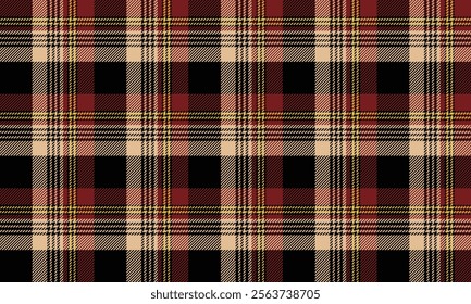 Plaid fabric pattern, black, red, yellow, seamless for textiles, and for designing clothes, skirts, pants or decorative fabrics. Vector illustration.