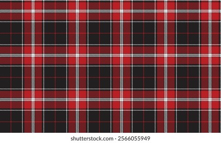 Plaid fabric pattern, black, red, white, distinctive cross lines, seamless for textiles, and for designing clothes, skirts or decorative fabrics. Vector illustration.