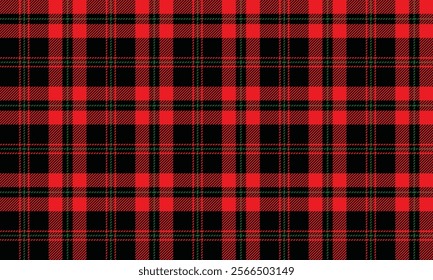 Plaid fabric pattern, black, red, green, distinctive lattice cross lines, seamless for textiles, and for designing clothes, skirts or decorative fabrics. Vector illustration.