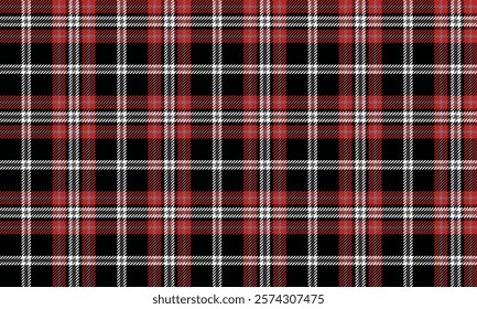 Plaid fabric pattern, black, red, white, distinctive lattice cross lines, seamless for textiles, and for designing clothes, skirts or decorative fabrics. Vector illustration.