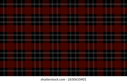 Padrão de tecido xadrez, preto, vermelho, branco, linhas cruzadas distintas, sem costura para têxteis e para projetar roupas, saias, roupas casuais ou tecidos decorativos. Ilustração vetorial.