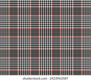 Plaid fabric pattern, black white orange yellow seamless background for textile, clothing design, skirt, pants. Vector illustration.