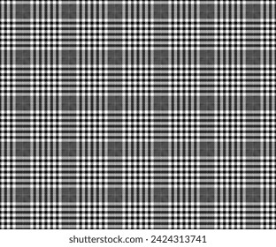 Plaid fabric pattern, black and white, seamless pattern for textile design, tailoring of clothes, pants, skirts or decorative fabric. Vector illustration.