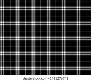 Plaid-Stoffmuster, schwarz, weiß, nahtlos für Textilien und für die Gestaltung von Kleidung, Röcken, Hosen oder dekorativen Stoff. Vektorillustration.