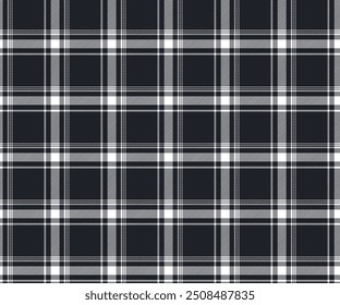 Plaid fabric pattern, black, white, seamless for textiles, and for designing clothes, skirts, pants or decorative fabrics. Vector illustration.