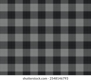 Padrão de tecido xadrez, preto, branco, linhas cruzadas elegantes sem costura para têxteis e para projetar roupas, saias, calças ou tecidos decorativos. Ilustração vetorial.