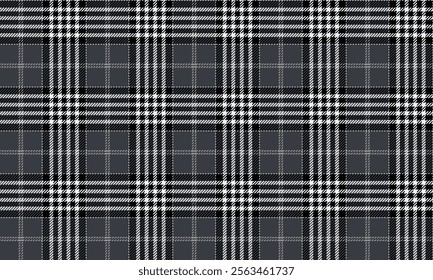 Plaid fabric pattern, black, white, distinctive lattice cross lines, seamless for textile and clothing design, skirt, pants or decorative fabric. Vector illustration.