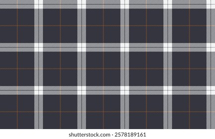 Plaid fabric pattern, black, white, brown, distinctive lattice cross lines, seamless for textiles, and for designing clothes, skirts, pants or decorative fabrics. Vector illustration.