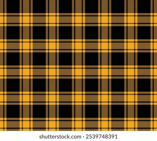 Plaid fabric pattern, black, yellow, fashionable cross lines pattern, seamless for textiles, and for designing clothes, skirts or decorative fabrics. Vector illustration.