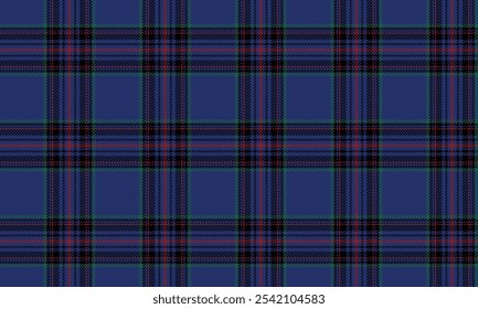 Plaid fabric pattern, blue, black, red, green, seamless modern cross lines pattern for textile, and for designing clothes, skirts or decorative fabric. Vector illustration.