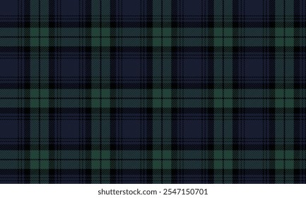 Plaid fabric pattern, blue, black, green, modern seamless cross lines for textiles, and for designing clothes, skirts or decorative fabrics. Vector illustration.