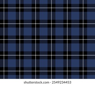 Padrão de tecido xadrez, azul, preto, branco, sem costura para roupas têxteis e design calças de saia avental cobertor de toalha de mesa ou decoração. Ilustração vetorial.
