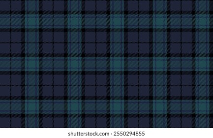 Plaid fabric pattern, blue, black, green, seamless for textiles, and for designing clothes, skirts, pants or decorative fabrics. Vector illustration, editable file.