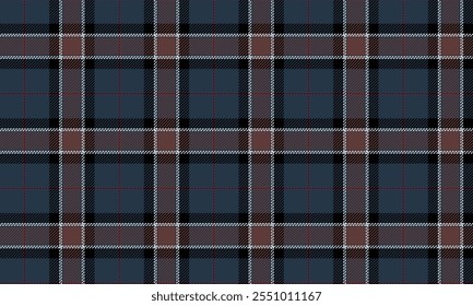 Plaid fabric pattern, blue, black, brown, white, seamless for textiles, and for designing clothes, skirts, pants or decorative fabrics. Vector illustration.