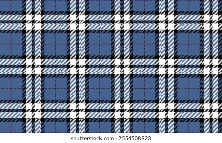 Plaid fabric pattern, blue, black, white, seamless for textiles, and for designing clothes, skirts, pants or decorative fabrics. Vector illustration.