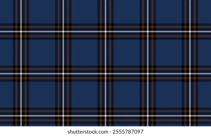 Plaid fabric pattern, blue, black, brown, white, modern cross lines seamless pattern for textile and clothing design, skirt, pants, apron, tablecloth, blanket or decoration. Vector illustration.