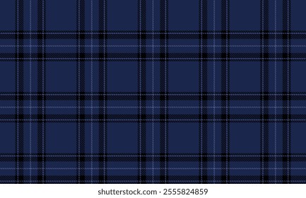 Plaid fabric pattern, blue, black, distinctive cross lines pattern, seamless for textiles, and for designing clothes, skirts or decorative fabrics. Vector illustration.