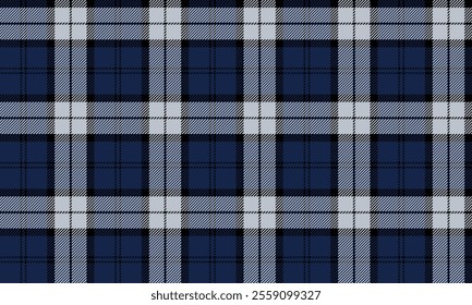 Plaid fabric pattern, blue, black, gray, modern seamless cross lines pattern for textiles, and for designing clothes, skirts or decorative fabrics. Vector illustration.