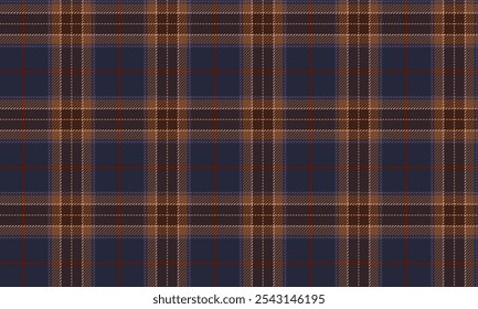 Plaid fabric pattern, blue, brown, cream, seamless elegant cross lines for textiles, and for designing clothes, skirts, pants or decorative fabrics. Vector illustration.