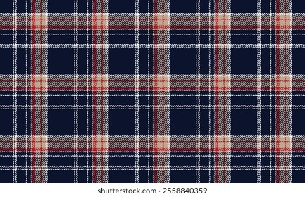 Plaid fabric pattern, blue, cream, red, white, beautiful cross lines, seamless for textiles, and for designing clothes, skirts or decorative fabrics. Vector illustration.