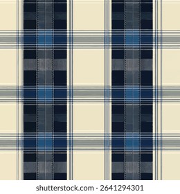 Plaid fabric pattern, blue and cream plaid with black lines. grunge lines ikat pattern, Zebra seamless pattern, Vector illustration background for print the paper.