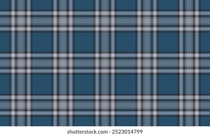 Padrão de tecido xadrez, azul, cinza, preto, sem costura, padrão de linhas contrastantes frias, para têxteis e para projetar roupas, saias, calças ou tecidos decorativos. Ilustração vetorial.