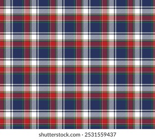 Padrão de tecido xadrez, azul, verde, branco, vermelho, sem costura para têxteis e para projetar roupas, saias ou tecidos decorativos. Ilustração vetorial.
