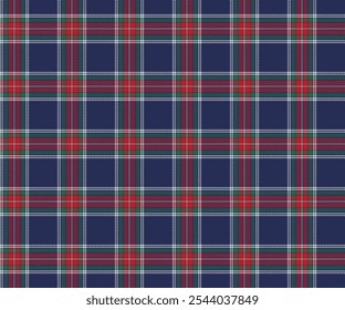 Patrón de tela a cuadros, azul, verde, rojo, blanco, sin costuras para textiles, y para el diseño de ropa de uso diario, faldas, pantalones o telas decorativas. Ilustración vectorial.