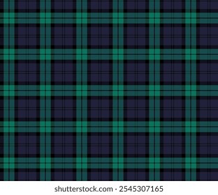 Plaid fabric pattern, blue, green, black, modern seamless distinctive cross lines for textiles, and for designing clothes, skirts or decorative fabrics. Vector illustration.