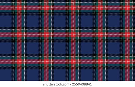 Plaid fabric pattern, blue, green, red, white, seamless for textiles, and for designing everyday clothes, skirts, or decorative fabrics. Vector illustration.