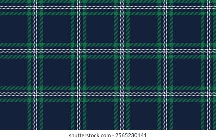 Plaid fabric pattern, blue, green, white, beautiful distinctive lattice cross lines, seamless for textiles, and for designing clothes, skirts, pants or decorative fabrics. Vector illustration.