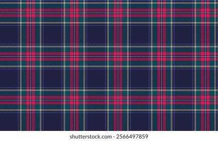 Plaid fabric pattern, blue, green, pink, white, bright lattice cross lines seamless for textiles, and for designing clothes, skirts or decorative fabrics. Vector illustration.