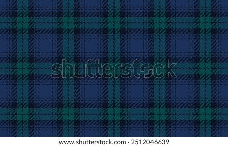 Plaid fabric pattern, blue, green, black, seamless for textile and design clothes skirt pants apron tablecloth blanket or decoration. Vector illustration.