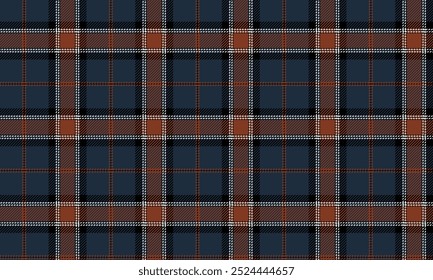 Plaid fabric pattern, blue, orange, white, black, elegant seamless, for textiles, and for designing clothes, skirts, pants or decorative fabrics. Vector illustration.
