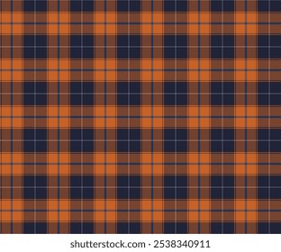 Plaid fabric pattern, blue, orange, seamless for textiles, and for designing everyday clothes, skirts, pants or decorative fabrics. Vector illustration.
