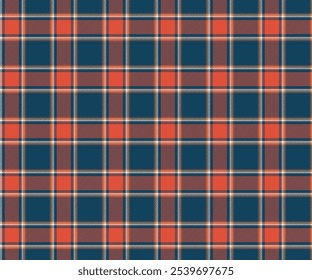 Patrón de tela a cuadros, azul, naranja, blanco, amarillo, sin costuras para textiles, y para el diseño de ropa de uso diario, faldas, pantalones o telas decorativas. Ilustración vectorial.